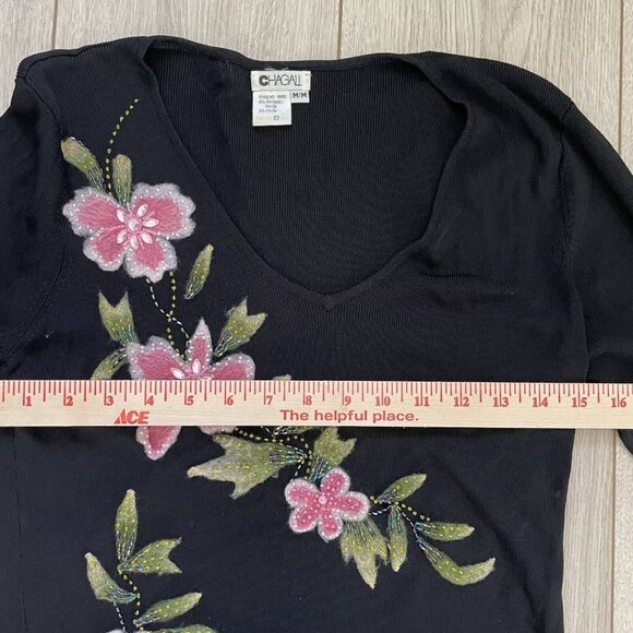 CHAGALL Women's Black Floral Rayon V-Neck Long Sleeve Pullover Sweater Size M - Picture 6 of 7